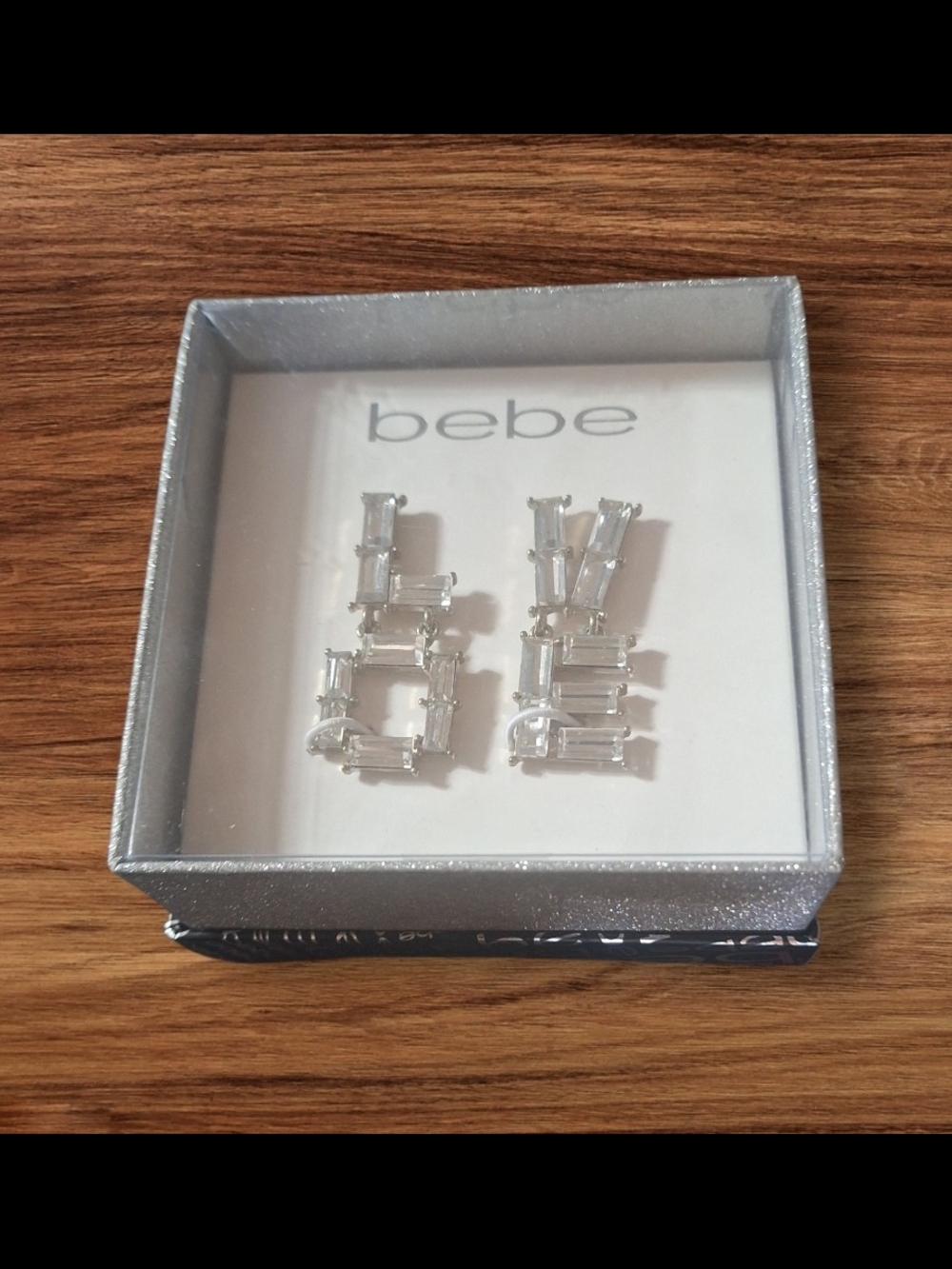 bebe Silver Crystal Logo Drop Earrings